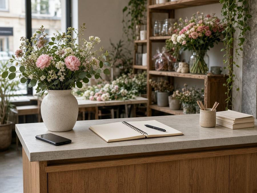 Contact desk at Rain Trek Florals in Lyon